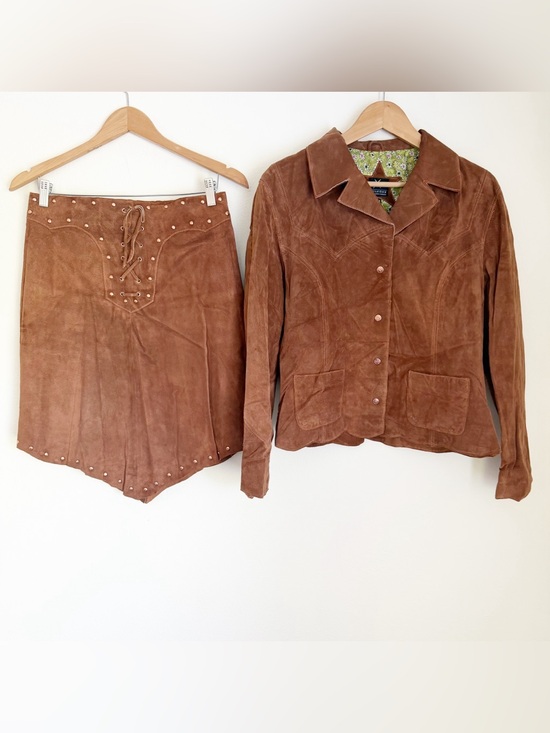 Maxima Wilsons Other - Vtg Y2K Wilson’s Brown Suede Western Jacket Lace Up Skirt Floral Lining Set L/8